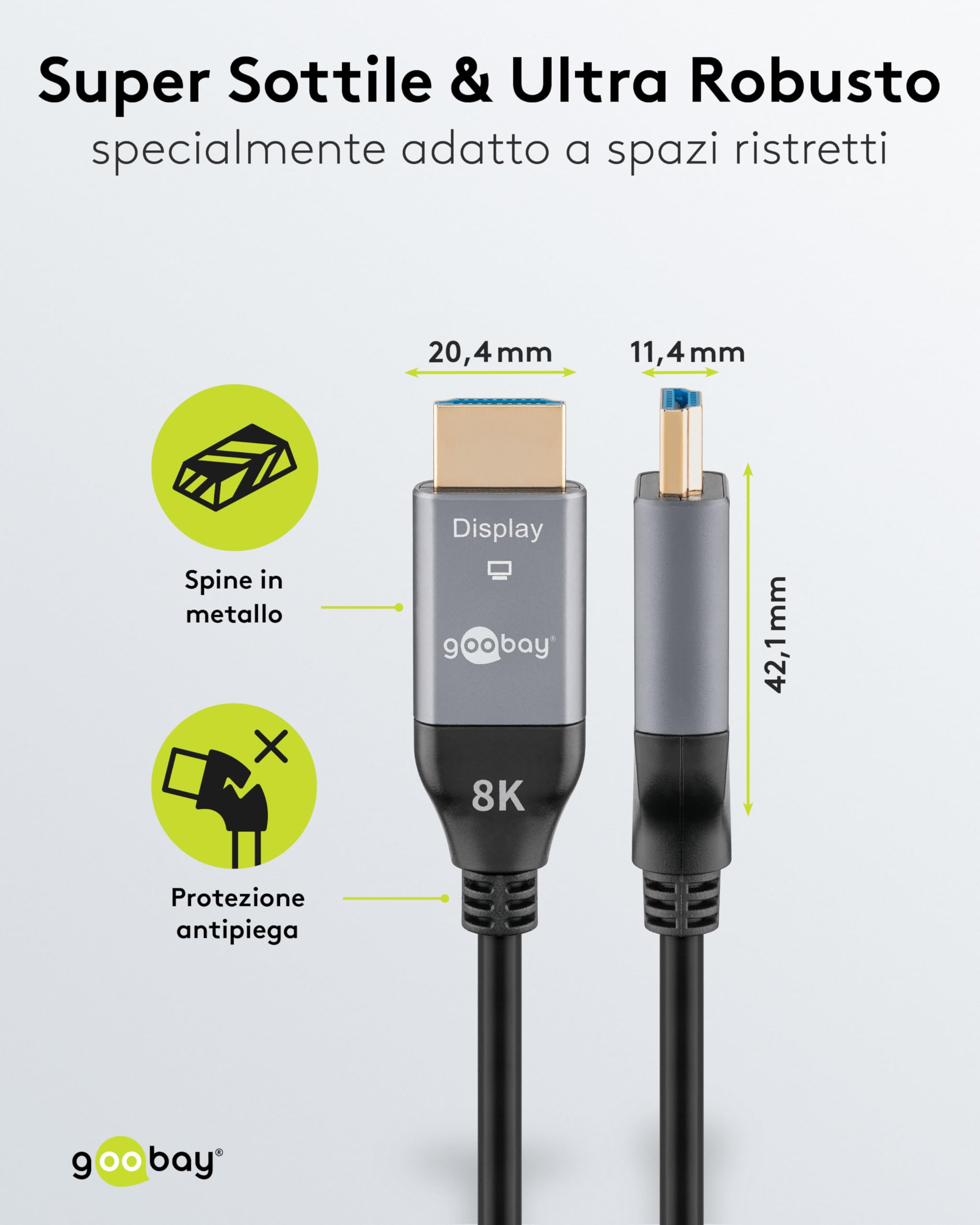 goobay Cavo ottico ibrido HDMI 40 metri – Cavo HDMI 2.1 Ultra High Speed con Ethernet, 8K/60Hz, tecnologia AOC per TV, monitor, PS5, Xbox, alta flessibilità, spina robusta, 76277