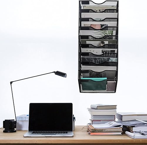 Miniatura 3 de EASEPRES Organizador de archivos de pared de malla con 10 bolsillos para colgar en la oficina, color negro