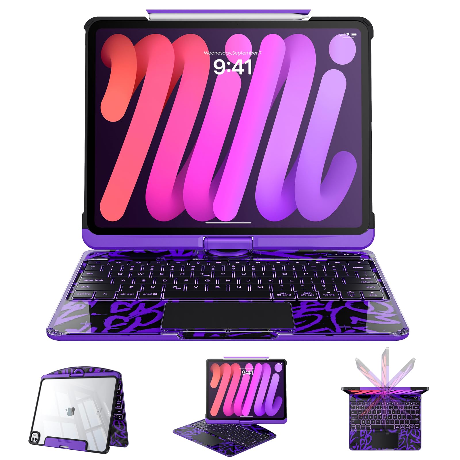 Clear Case with Keyboard for mini 7 A17 Pro(2024) &amp; Mini 6 (2021) 8.3", 360°+180° Rotating iPad Keyboard, LCD Display, Pencil Holder, 7-Color Backlit, Multi-Touch Trackpad, Purple