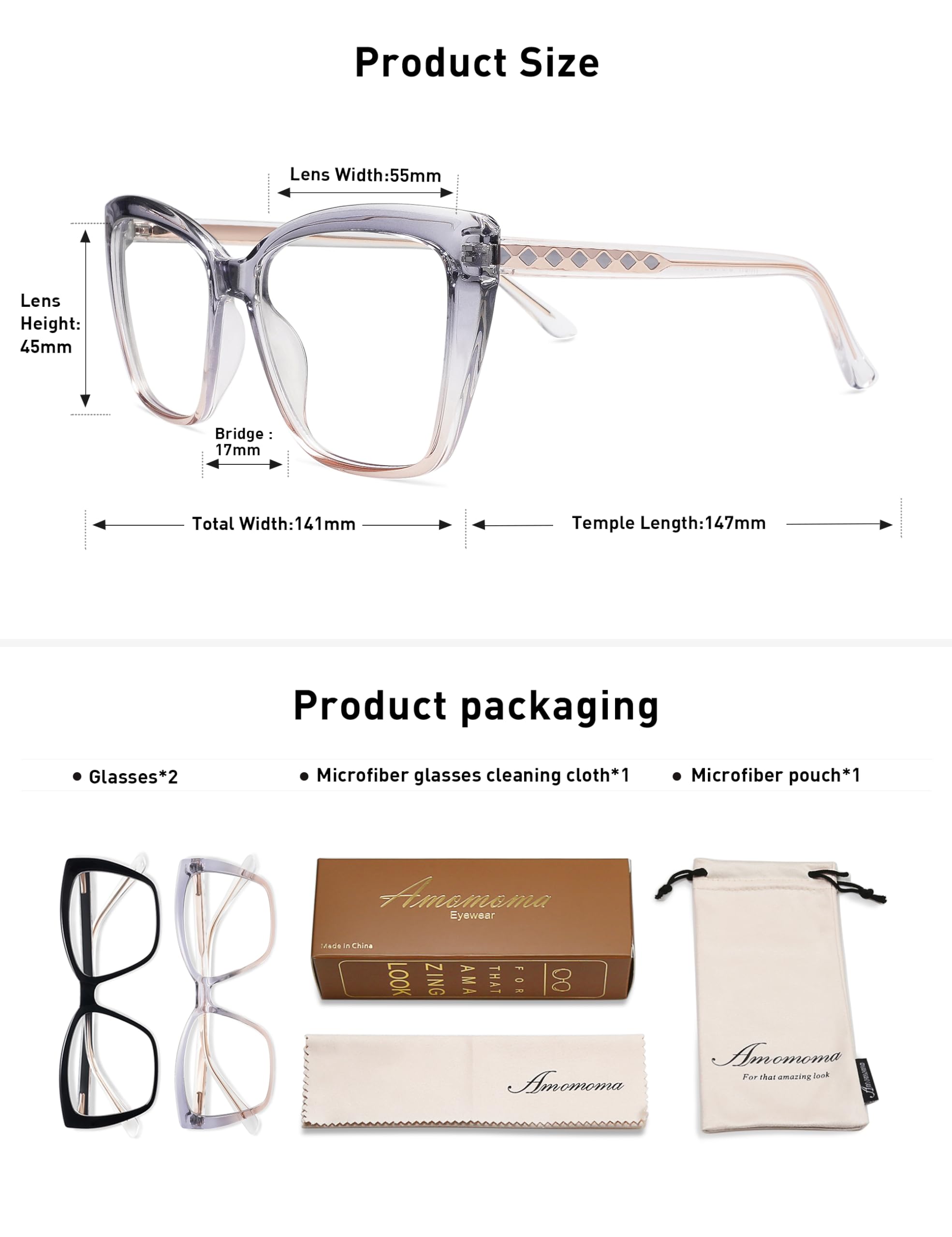 AMOMOMA Trendy TR90 AM6031 - Anteojos de lectura para luz azul de mujer, elegantes lentes cuadrados de ojo de gato