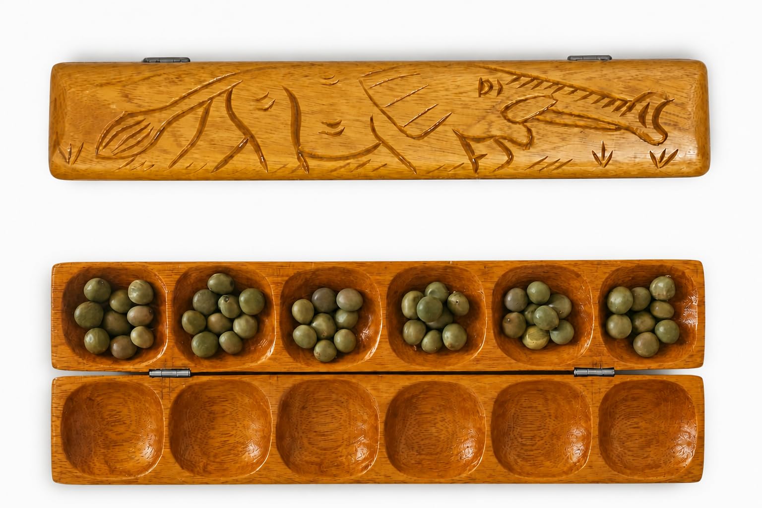 Jeu de Stratégie Africain Authentique en Bois d'Iroko, Awalé Traditionnel avec Trous Larges et Graines Naturelles, 2 Joueurs, pour 15-99 Ans