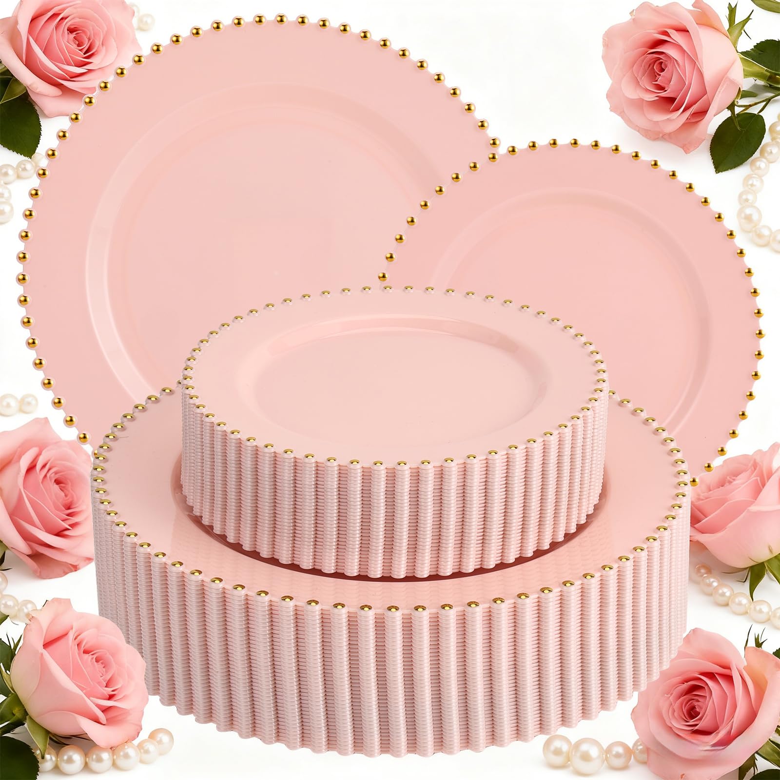 ejonirinjonir EI 60pcs Pink Plastic Plates with Gold Rim,Pink Party Plates Disposable,Heavy Duty 10" Dinner & 7" Dessert Plate Fancy Elegant Plate for