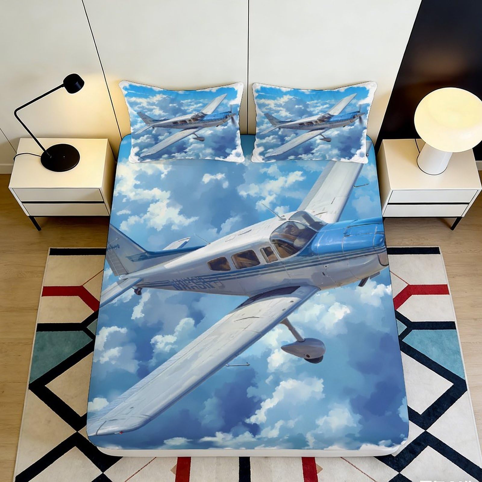 3D Printed Airplane Fitted Sheet Microfiber Soft Breathable Cloud Sky Bed Cover for Bedroom Dormitory Guest Room Mattress Protection Decor 180x200x25cm