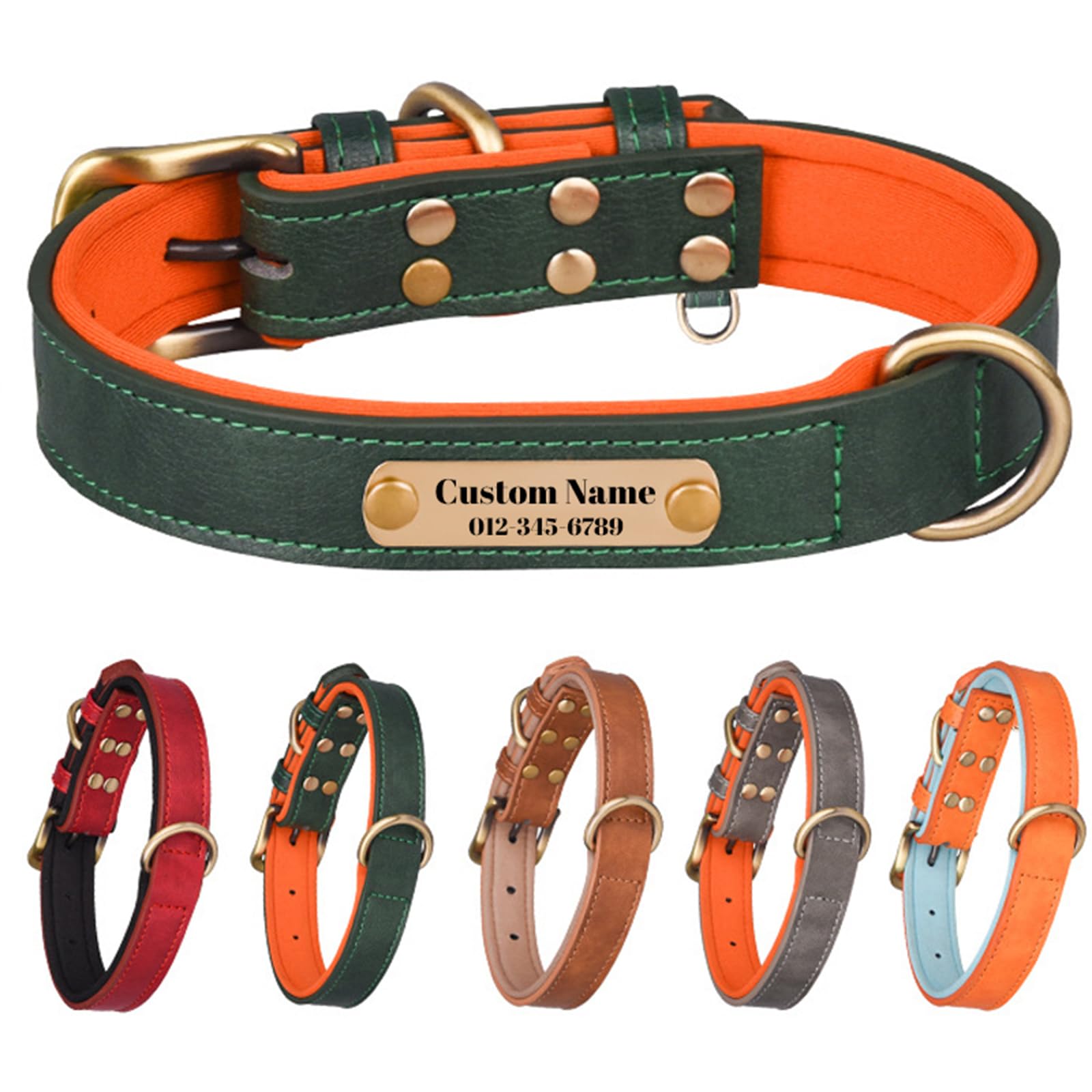 Collar de cuero personalizado para perro, ajustable, personalizable para perro pequeño, mediano, grande, XL, placa de nombre grabable personalizada (verde)