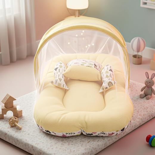 BAYBEE Baby Bedding Set for New Born Baby, Bed Mattress with Mosquito Net & Neck Pillow, Sleeping Nest Travel, Infant Toddler Bed Set Gifts for Baby Boy Girl 0-6 Months (Green)