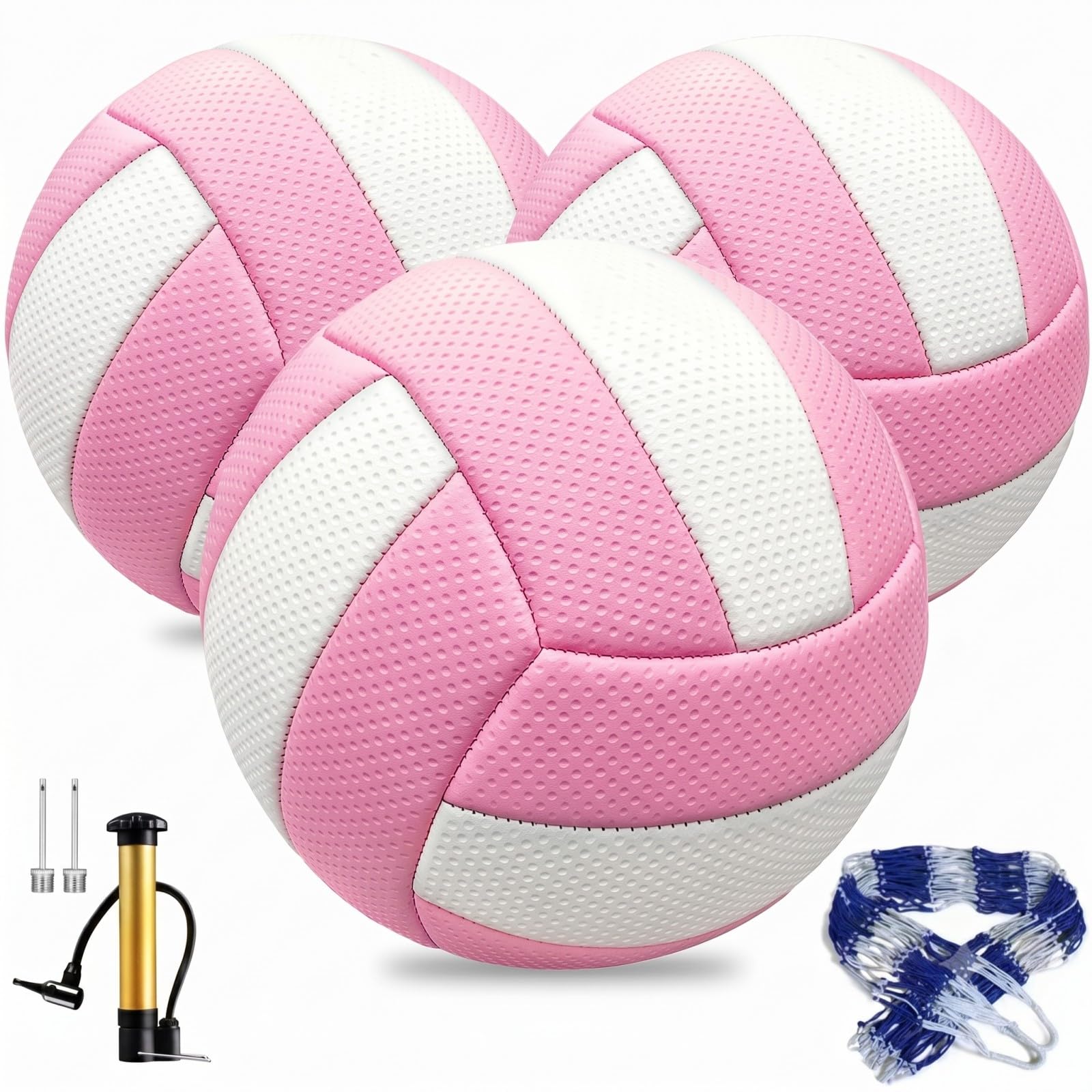 TXONKEXU 3 Pack Soft Touch Volleyballs Official Size 5, Indoor Outdoor Beach Gym Training Game Balls for Beginners & Adults with Pump, Needle & Mesh Bag (Pink)