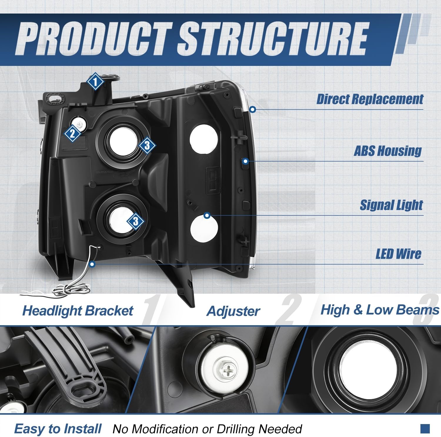 Auto Dynasty LED DRL Headlights Assembly Compatible with 2007-2014 Chevy Silverado 1500 2500 3500 HD, Driver Passenger Side Halogen Headlamps w/LED Running Light Strip, Chrome Housing Clear Corner