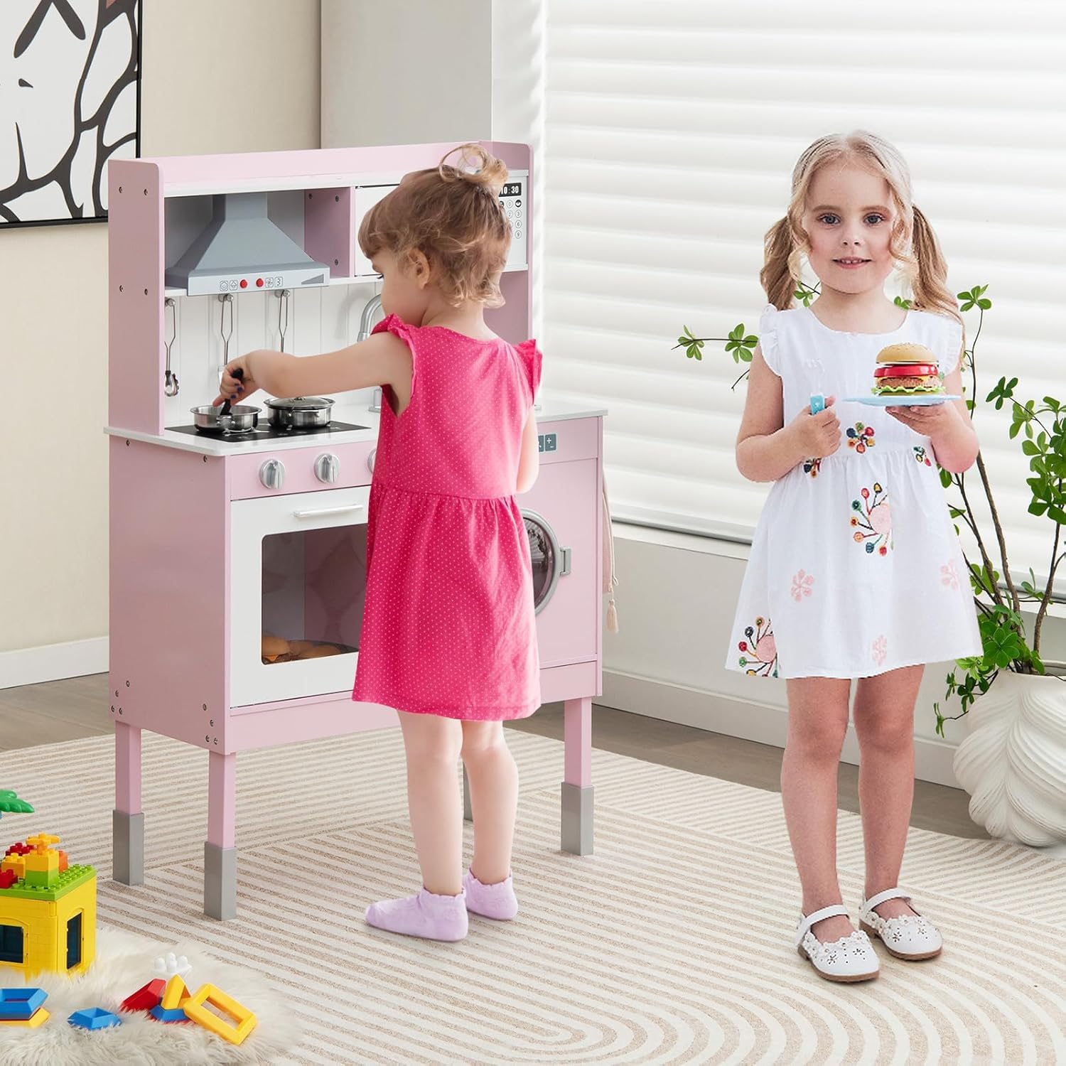 RELAX4LIFE Cocina Juguete con 5 Accesorios y Altura Ajustable 95/99/101cm, Cocinita Infantil con Luces y Sonidos Reales, Espacio de Almacenaje, Cocinita de Madera para Niños 3-8 Años (Rosa-Mini)