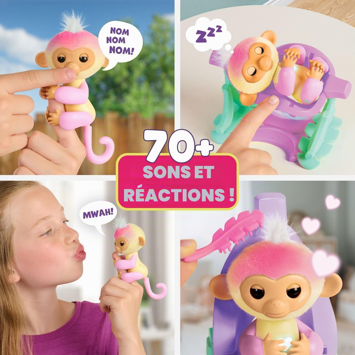 Fingerlings 2023 Ensemble bébé interactif avec lit bébé et Chaise Haute 2 en 1 et 6 Accessoires (à partir de 5 Ans)
