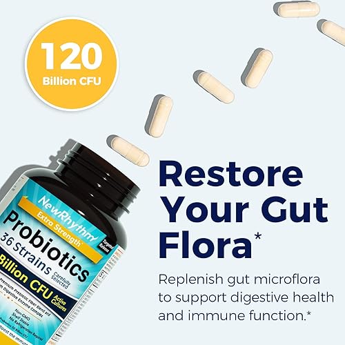 Miniatura 2 de NewRhythm Probióticos 120 mil millones de UFC, 36 cepas, probióticos 3 en 1 para la salud digestiva y apoyo inmunológico con prebióticos y enzimas,