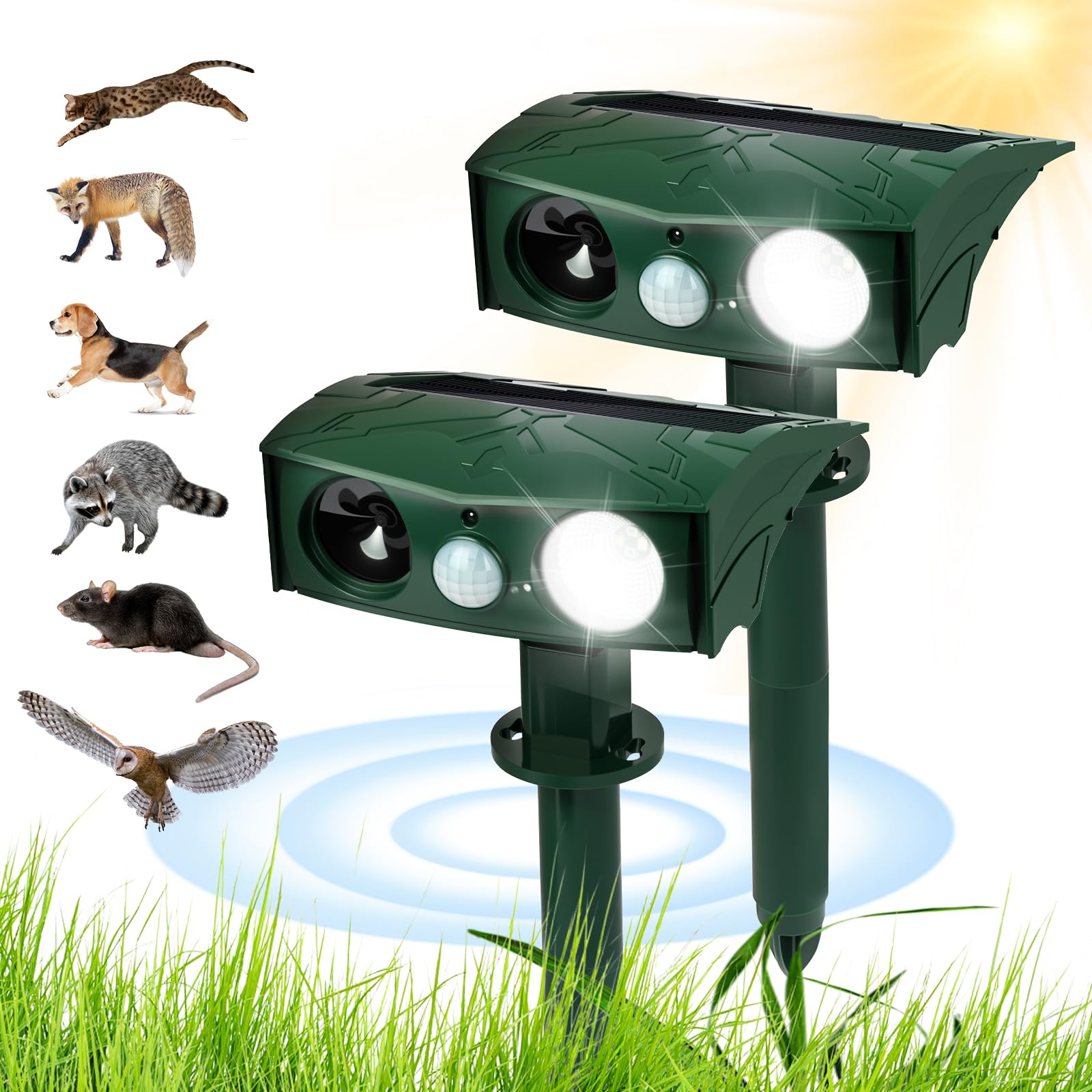 AXFEE Solar-Betriebener Katzenschreck, 2er-Pack Ultraschall Katzenschreck, Wasserdichtes Solar Tiervertreiber mit Bewegungsmelder und Blitz, für Garten Wirksam Vögel, kann Katzen und Kaninchen