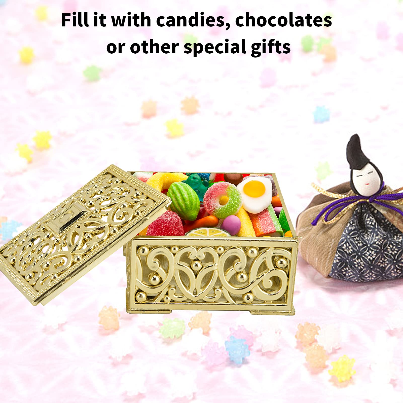 flexman 12Pcs Hollow Candy Box, Multi Layer Electroplating Process Candies Chocolates Candy Case Container for Weddings Bridal Showers Special Events (Golden Square)