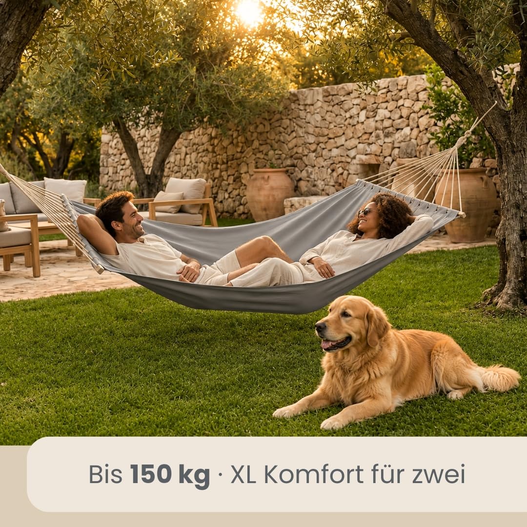 AMANKA XXL Stabhängematte 200x120 cm Grau - Doppelhängematte für 2 Personen - Große Hängematte mit Spreizstab Outdoor & Indoor - Balkon Garten Terrasse Camping - Reise Hängeliege aus 100% Baumwolle