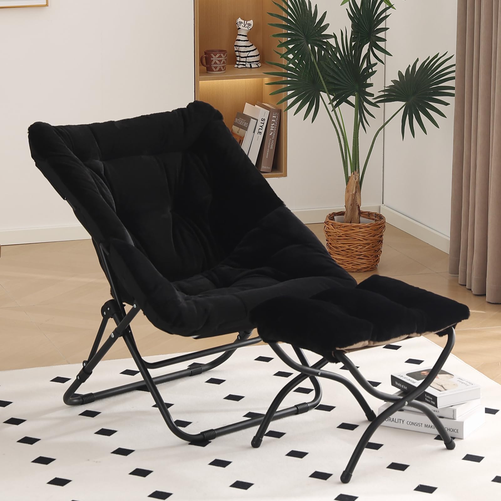 SESHINELL Saucer Chair with Ottoman, Oversized Foldable Faux Fur Lounge Seat with Metal Frame, Cosy Accent Chair for Bedroom, Living Room or Dorm, Black