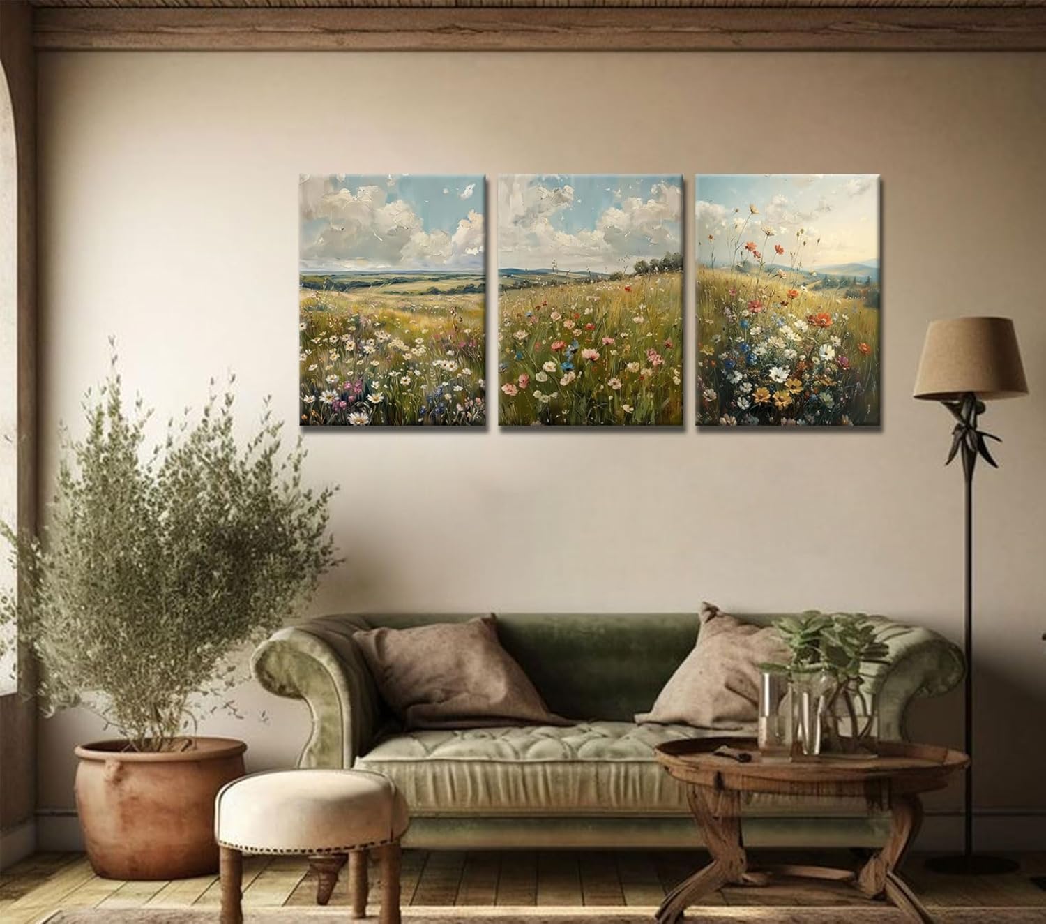 3pcs vintage wildflower wall art farmhouse field landscape canvas decor natural scenery colorful floral oil painting print suitable for living rooms bedrooms studies and offices12x16 Inches Framed
