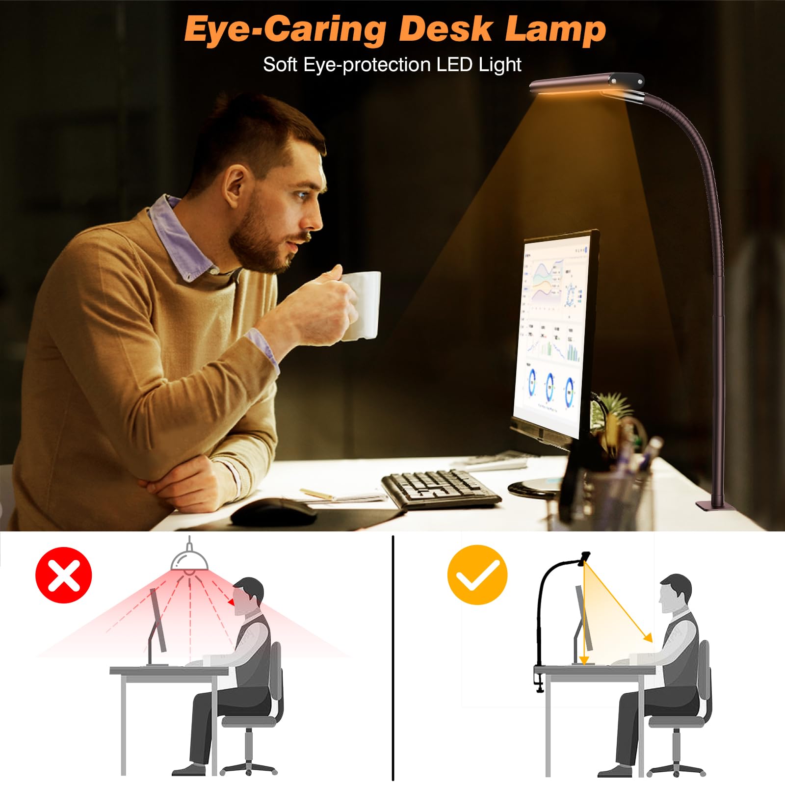 Airlonv LED Desk Lamp with Clamp, 17" Stepless Dimming Light, Brown view 6