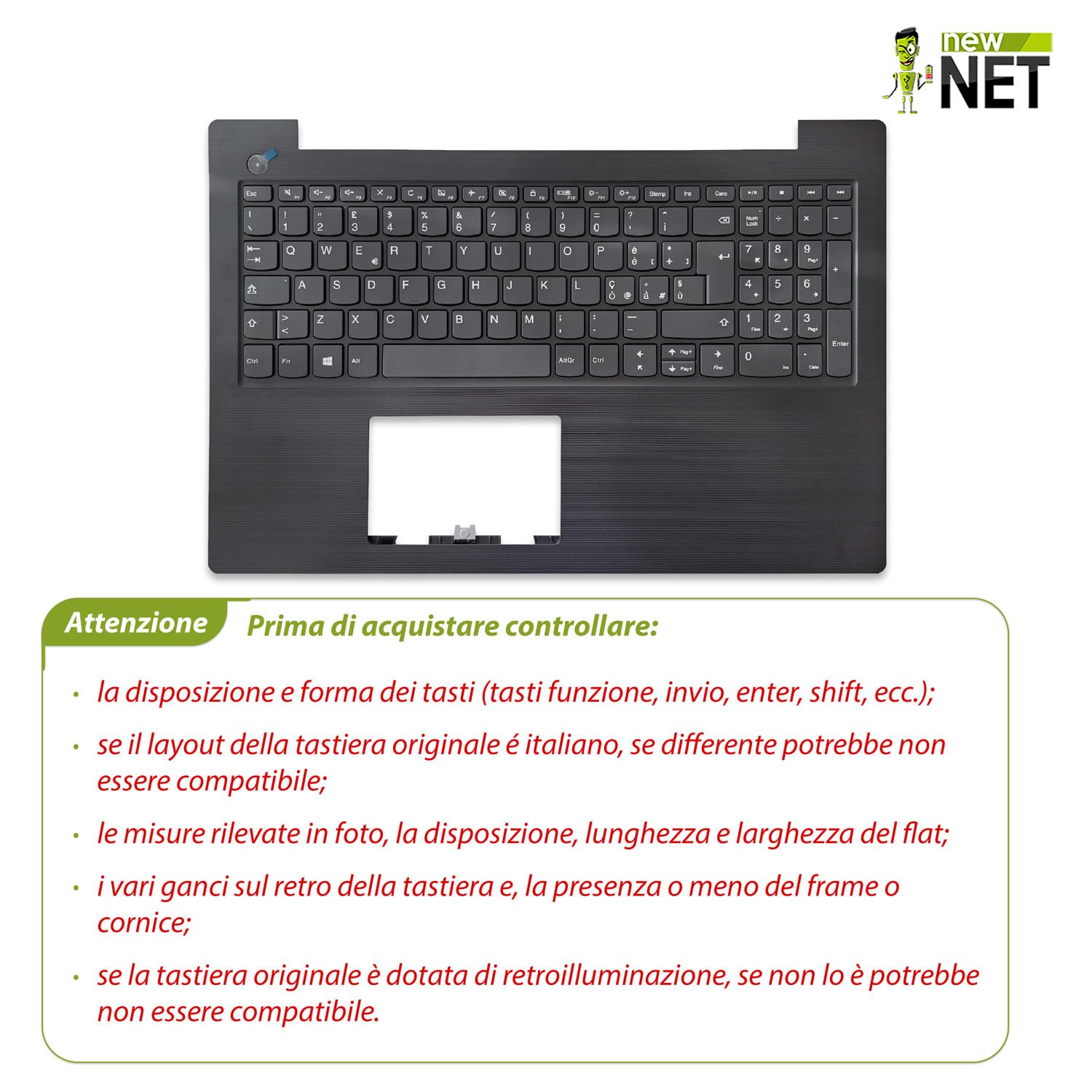 new net - Top Case Palmrest con Tastiera Compatibile con Notebook Lenovo 5CB0R28215 [Frame Colore Iron Grey - Senza touchpad - Layout ITA]