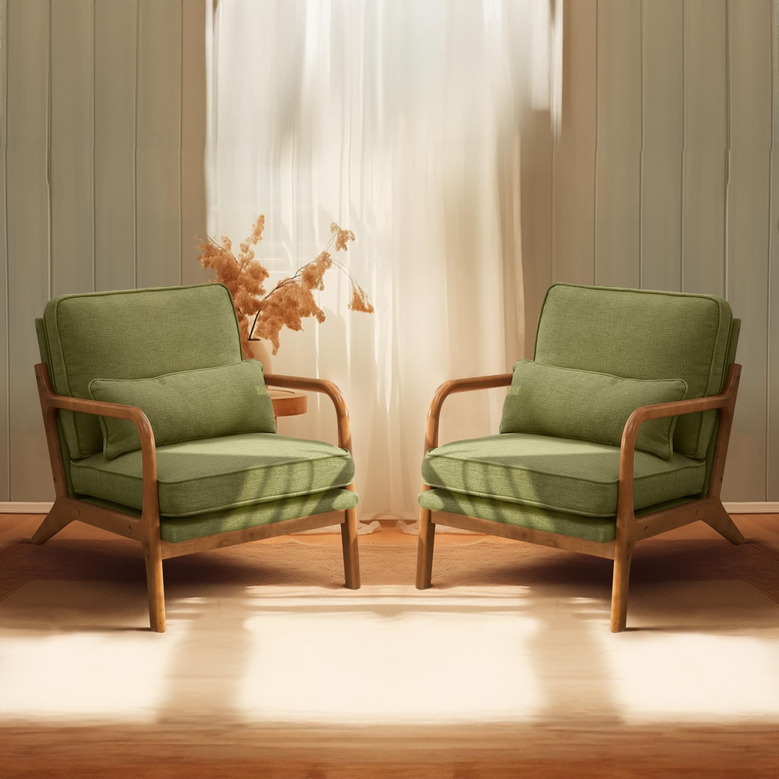 Bonnlo Dark Green Linen Accent Chairs Set of 2,Upholstered Mid Century Modern Lounge Fabric Chairs Reading Chairs Side Sitting Chair Solid Wood