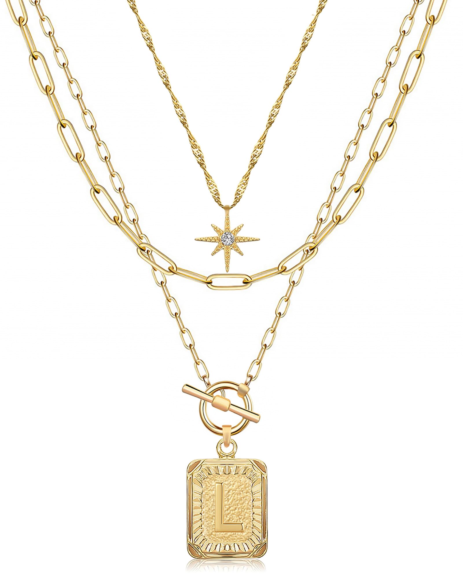 MJartoria Layered Initial Necklaces for Women Trendy, 14K Gold Plated Brass Simple Star Choker Square Letter Pendant Necklace, Paperclip Chain Necklaces Jewelry Gifts