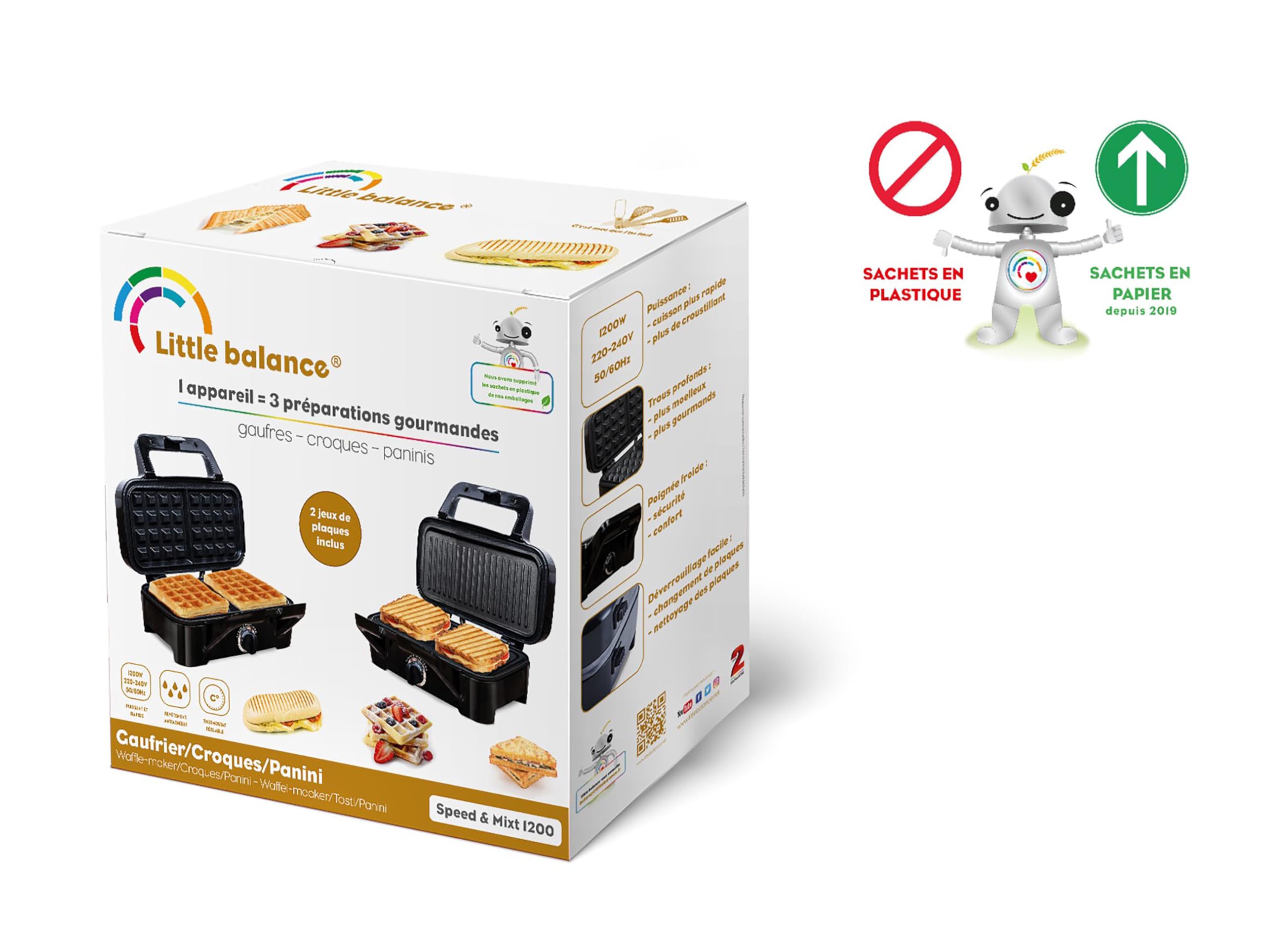 LITTLE BALANCE 8368 Speedn Mixt 1200, Gaufrier + Grill 2 en 1, 1 plaque Gaufres, 1 plaque Gril interchangeables, 1200 W, Inox, Noir