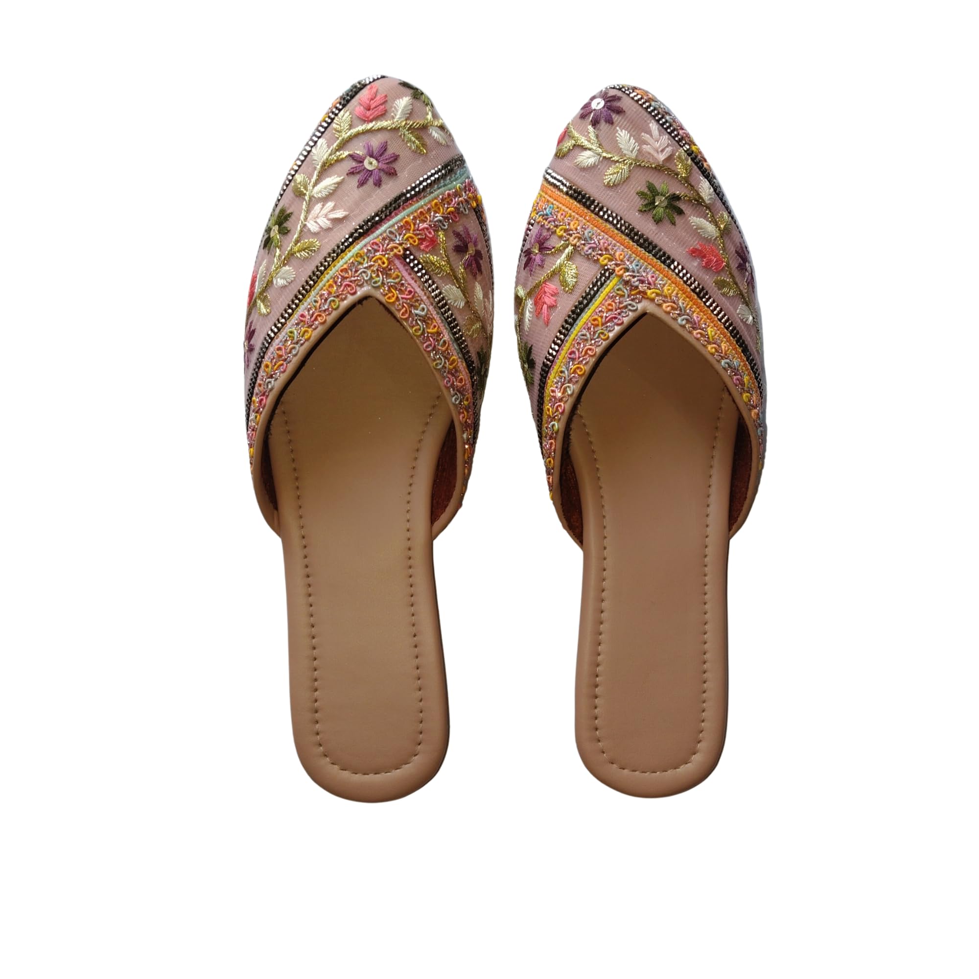 Women's Embroidered Floral Juttis | Ethnic Jutti Flats | Handcrafted Flat Slip-On Mules with Beaded Embellishments-image-2