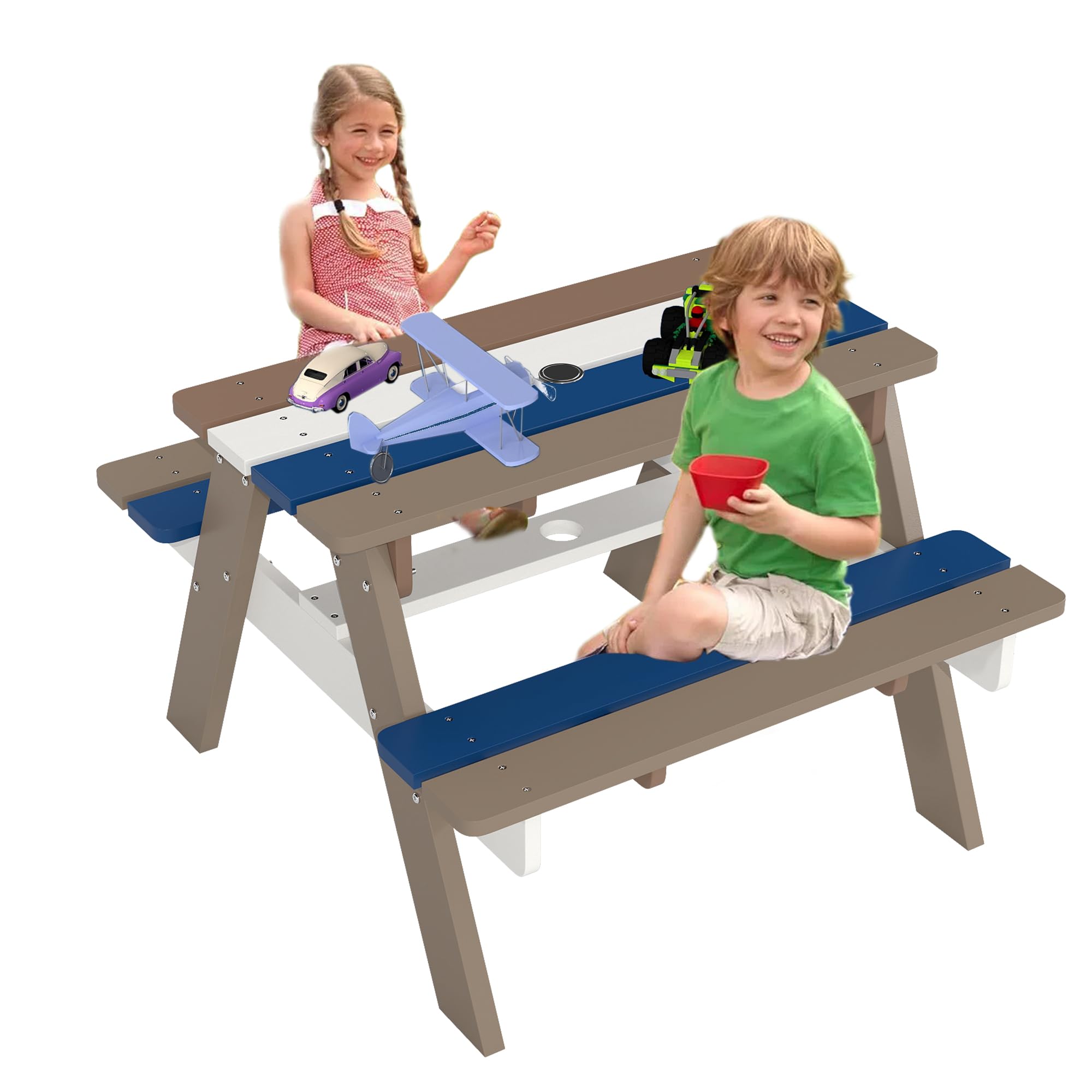 FOOWIN Kids Picnic Table, HDPE All Weather Toddler Picnic Table, Kids Outdoor Table and Chair Set w/Umbrella Hole for Patio, Backyard, Garden, Lawn,
