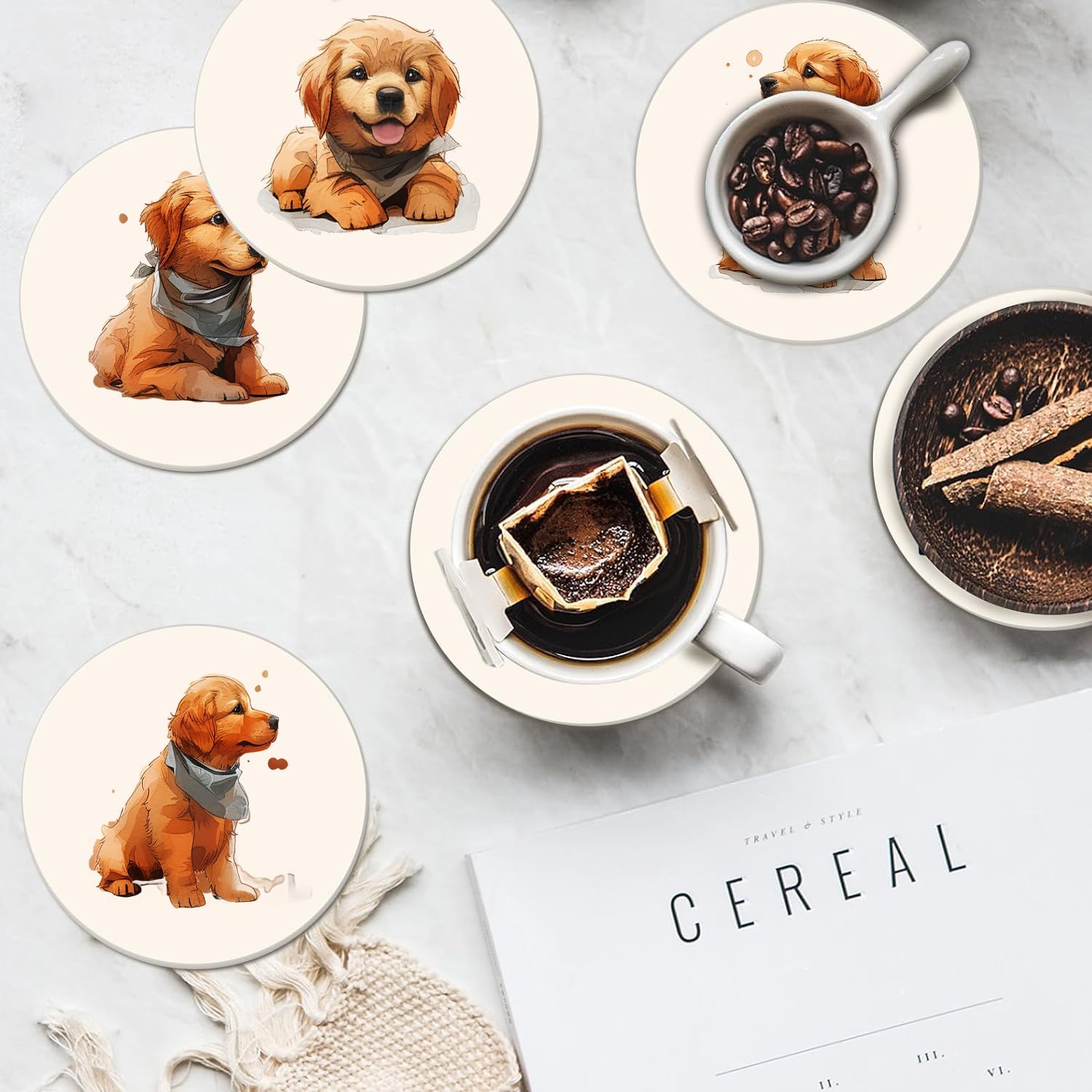コルクベース付きラウンドセラミックストーンコースター(ゴールデンレトリバーの子犬)6個セット