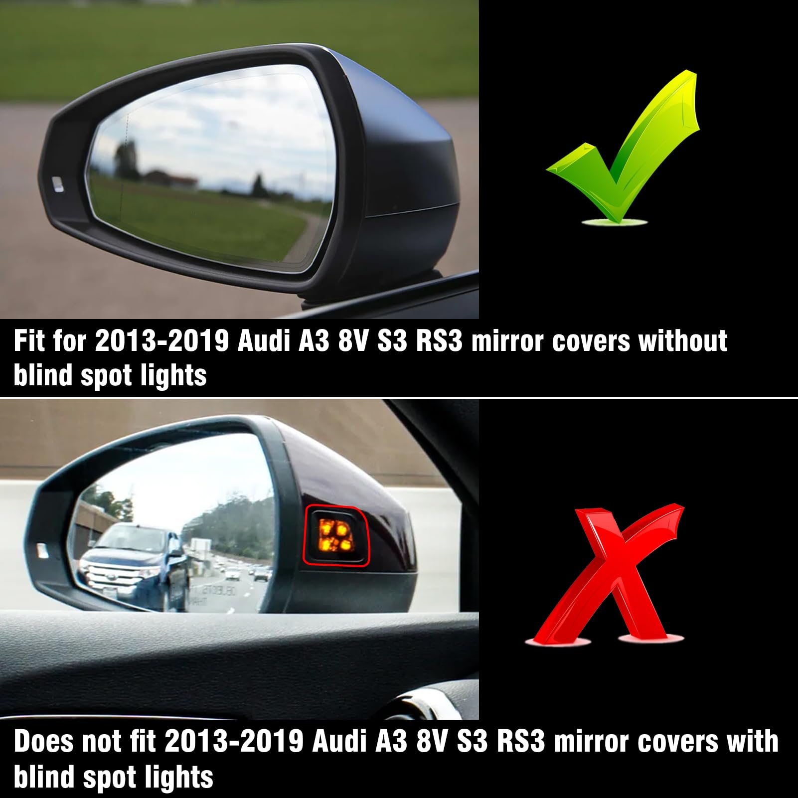 TTCR-II 2PCS Kompatibel mit Rückspiegel Abdeckung Audi A3 8V S3 RS3 2013-2019, Links+Rechts Spiegelabdeckungen Audi A3 Ersetzen Spiegelkappe, Rückspiegeldeckel A3 8V S3 RS3 Rückspiegel Kappe-Schwarz