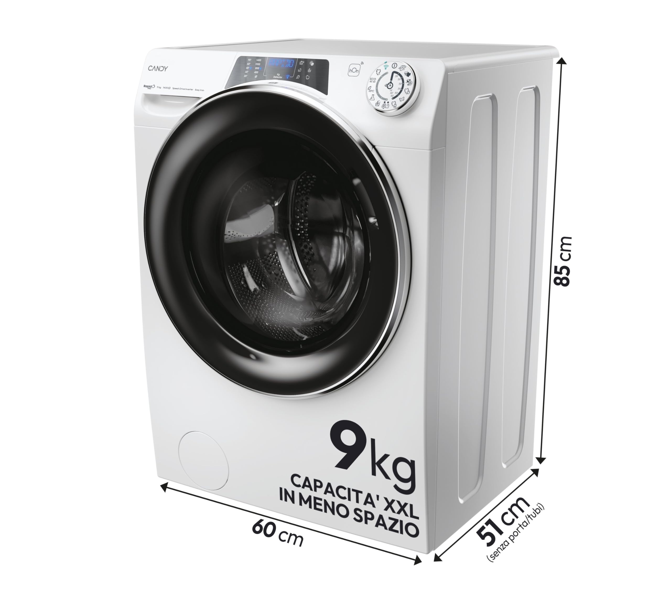 Candy RapidÓ PRO Lavatrice Slim 9 Kg 1400 Giri, Classe A -40%, Motore Inverter, Wi-Fi e Bluetooth, Programmi Rapidi, Funzione Vapore, App hOn con 60+ Cicli, 60x58x85 cm, RP496DWMB12/1-S