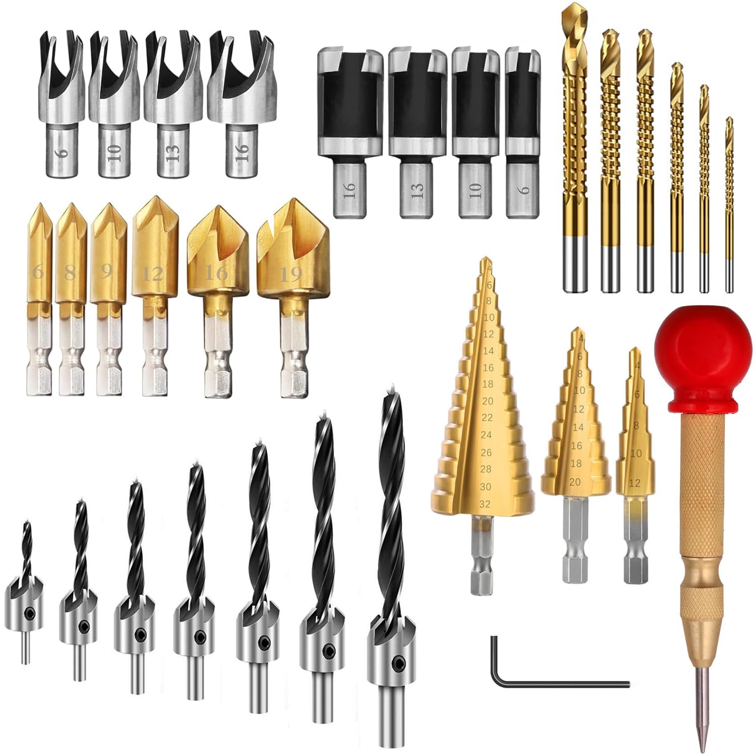 Exrp 32 Pack Woodworking Chamfer Drilling Tools, Including Countersink Drill Bits, L-Wrench, Wood Plug Cutter, Step Bit, Center Punch, Cutting Twist Bits