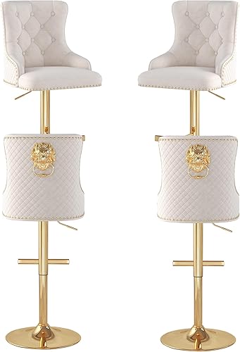 Miniatura 29 de Juego de 2 taburetes de bar de terciopelo con anillo giratorio de león para encimera de cocina, taburetes de bar tapizados con cabeza de clavo, Gris