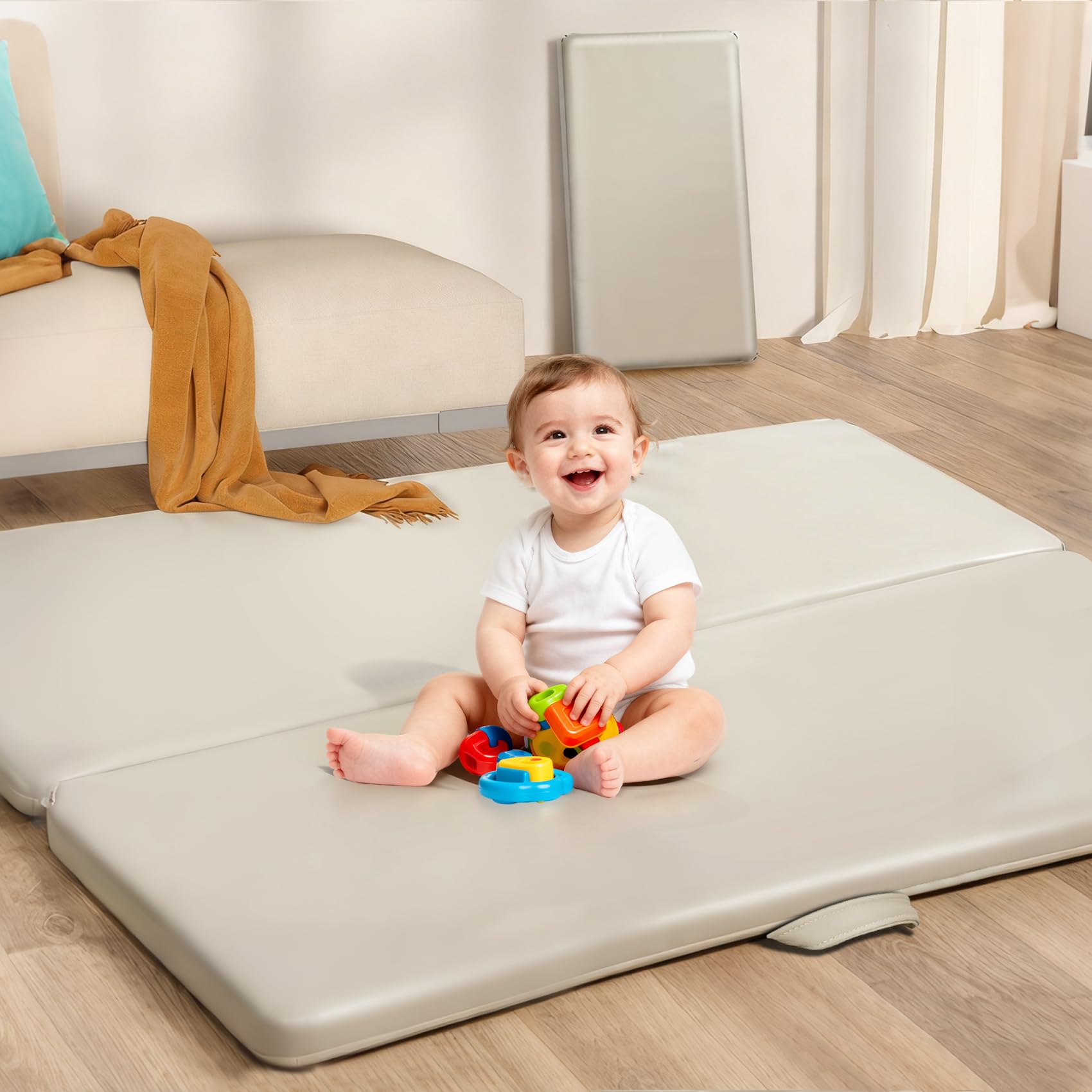 Baby-Spielmatte aus PU-Leder, 3,6 cm dick, faltbar, wasserdicht, 50 × 50 cm Laufgittermatte, ungiftig, leicht zu reinigen, verdickter Schaumstoff gepolstert, perfekt für Bauchzeit und Krabbeln, Babys