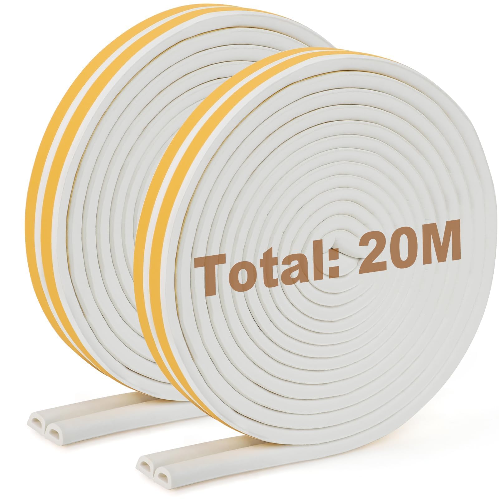 Inwee White Draught Excluder Tape For Door Window, Weather Stripping Tape, Window Insulation, 20M Self-Adhesive Foam Sealing Strip Type D Against Cold Draught/Soundproof/Anti-Collision/Dustproof,