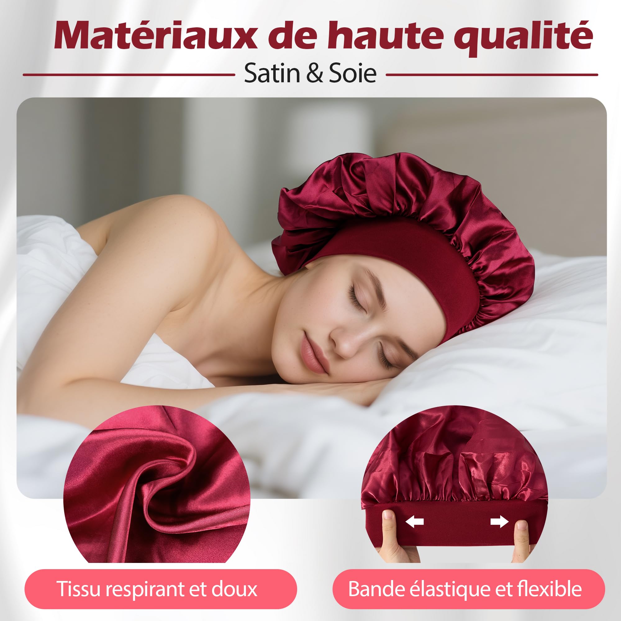 Bonnet Satin Cheveux Nuit Set, 3 Bonnets de Nuit avec 3 Élastiques Noirs, Bonnet en Satin pour Cheveux Longs et Courts - 3