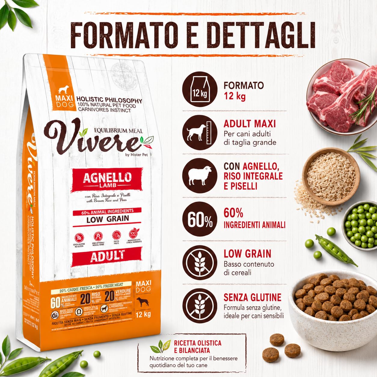 Vivere Adult Maxi Crocchette Cane Adulto 12 kg con Agnello, Mangime Secco Low Grain Gluten Free per Cani Taglia Grande, Alimento Completo con Omega 3, Prebiotici, Frutta ed Erbe, 12 kg
