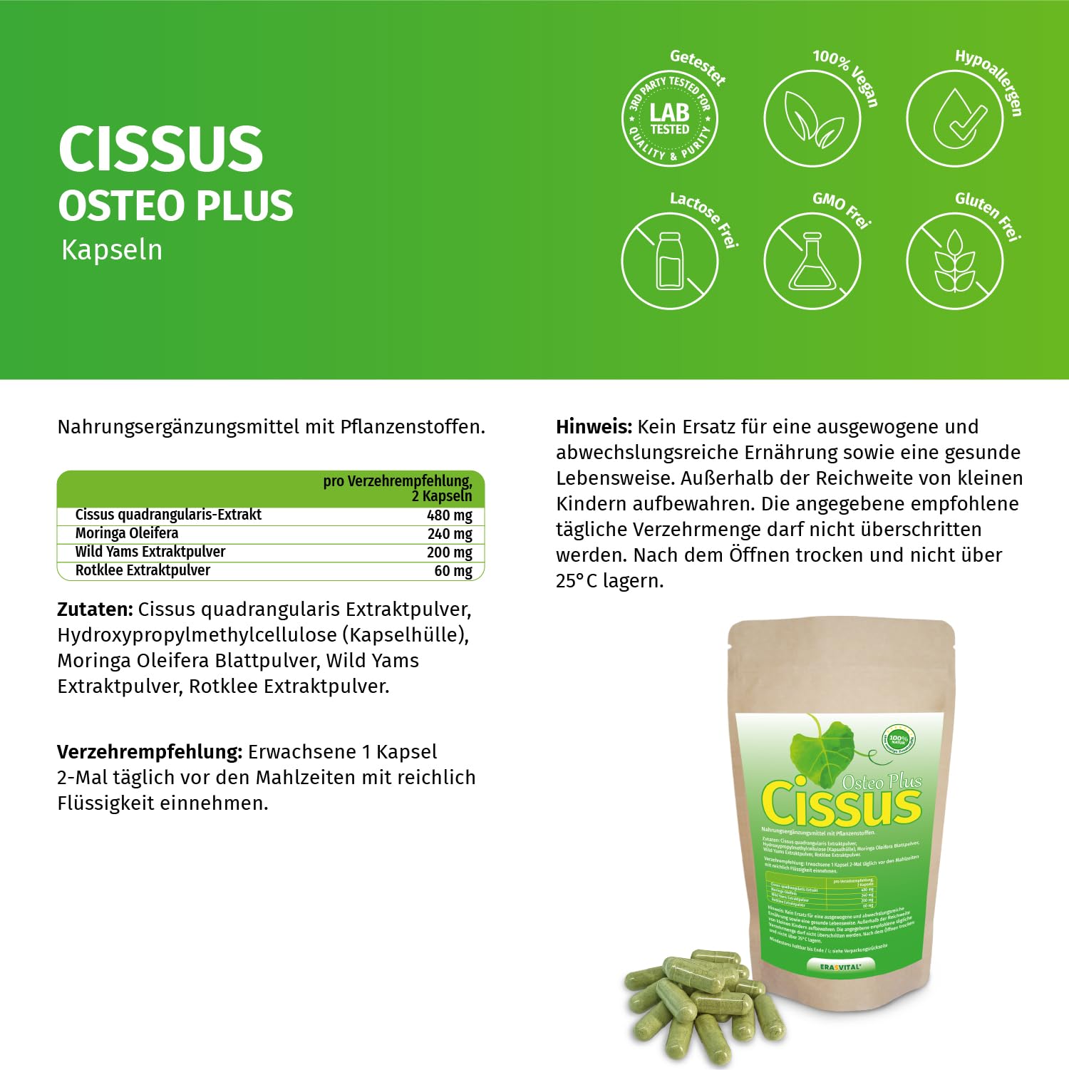 Cissus Quadrangularis Extrakt 60 Kapseln hochdosiert mit wichtigen Begleitern wie Moringa Oleifera, Wild Yams Extrakt und Rotklee Extrakt, die Knochenkraft unterstützen.