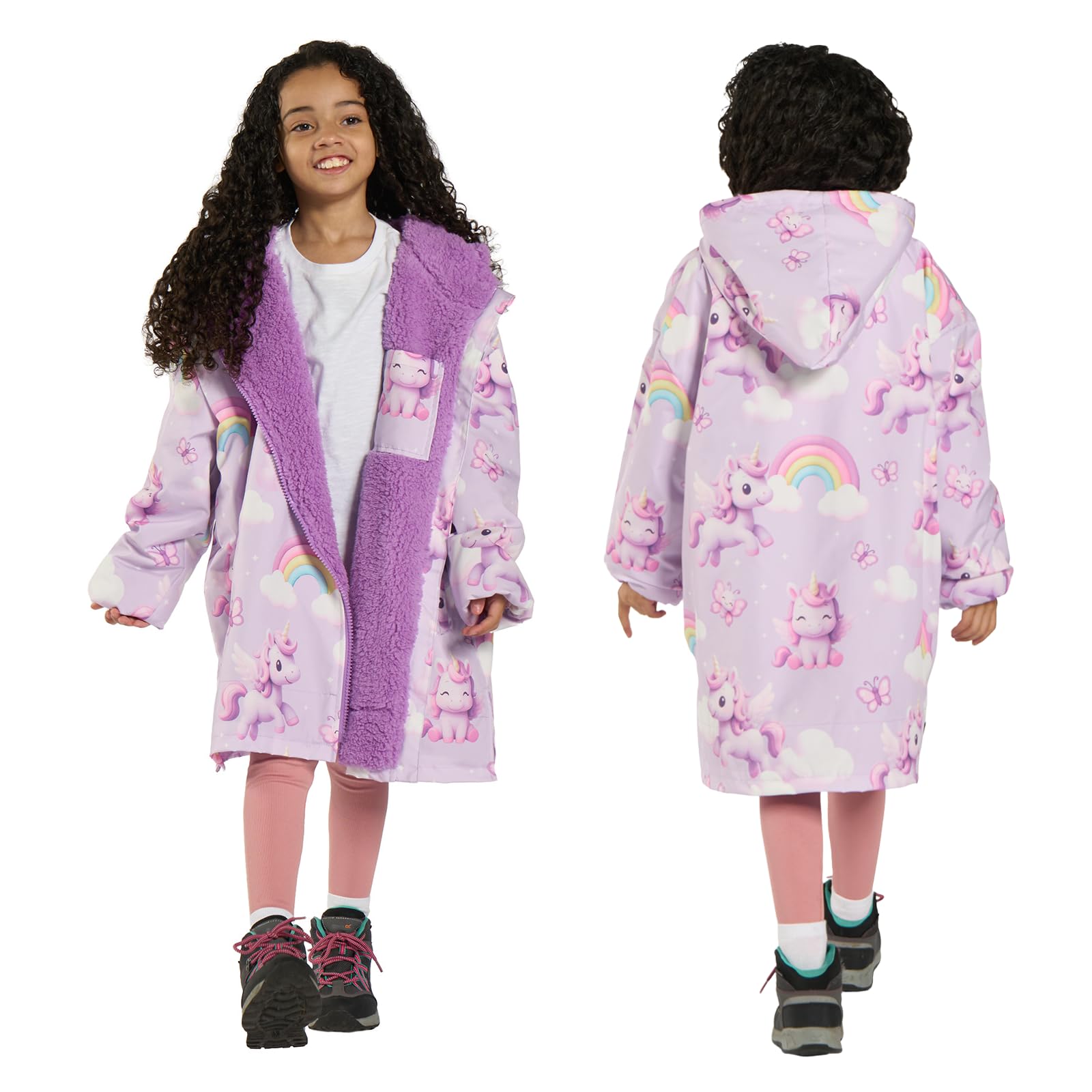 OHS Unicorn Waterproof Jacket Kids Dry Robe, Oversized Raincoat Lightweight Fleece Lining Girls Coat Changing Robe with Hood & Pockets Breathable Girls Clothing for Beach Surfing Outdoor, L/XL