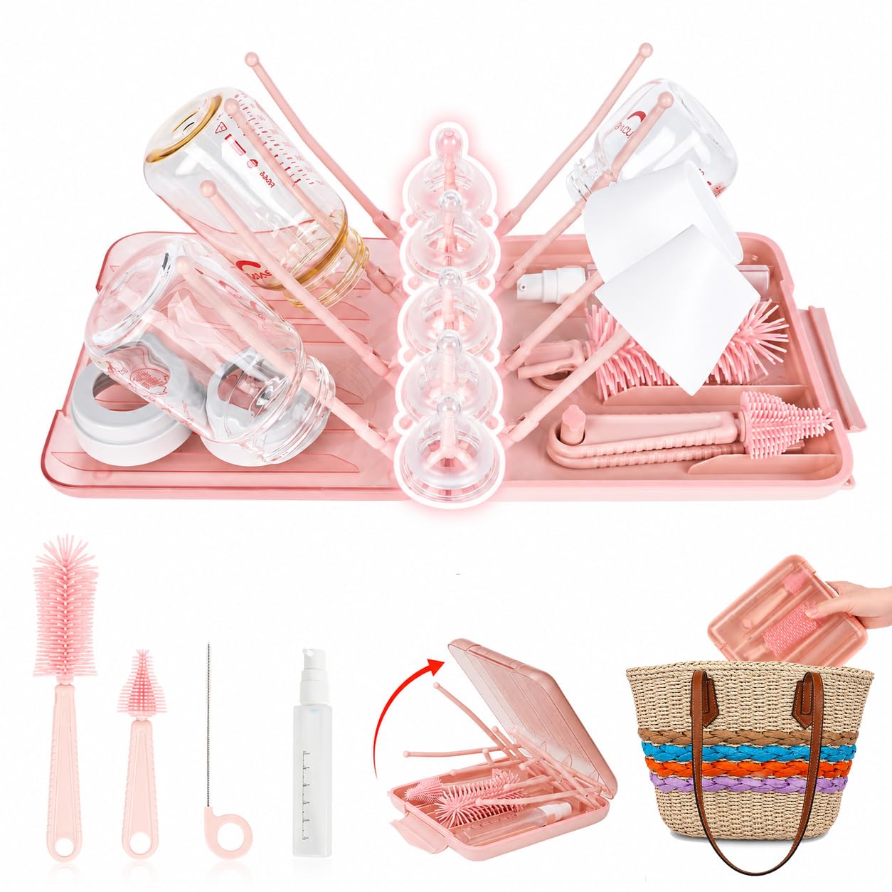 Travel Bottle Cleaner Kit, 6-in-1 Baby Bottle Brush Set with Silicone Brush