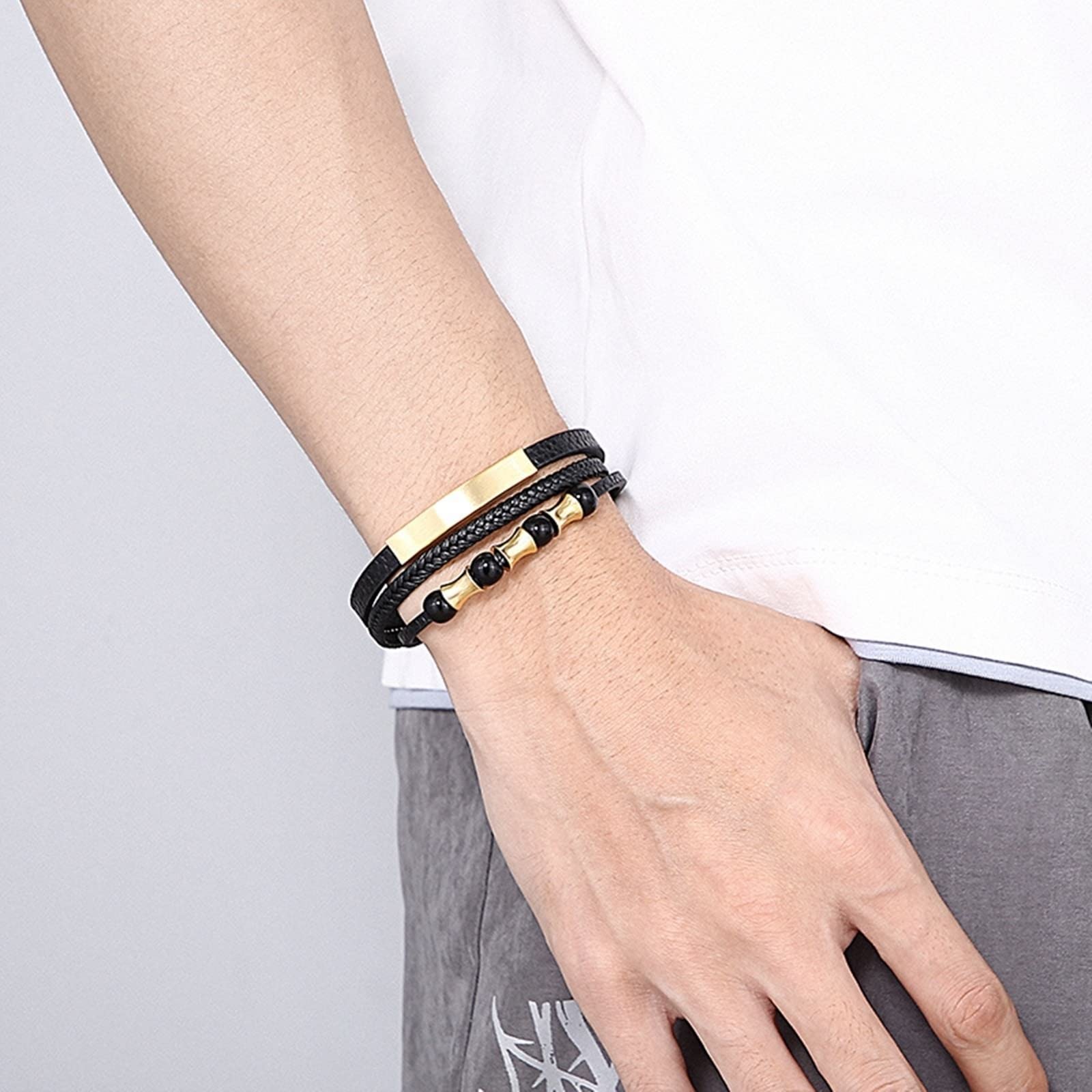 Pulsera de Acero Inoxidable para Hombre, Pulsera de Cuero para Hombre, Pulsera Multicapa con Cuentas Negras, Pulsera de Cadena Punk Fresca de 21 cm de Longitud
