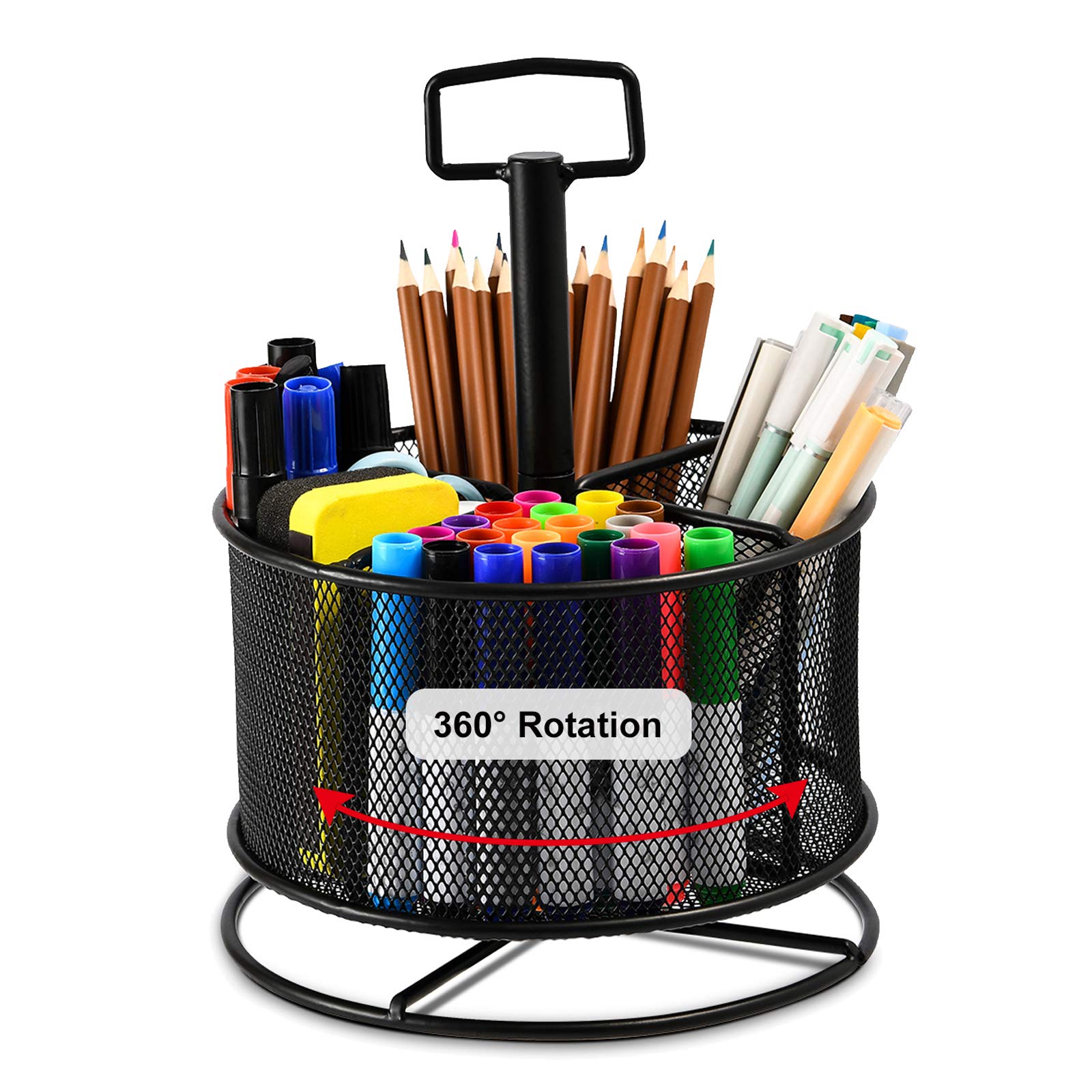 Mesh Desk Organizer,360-Degree Rotating Multi-Functional Pen Holder,4 Compartments Desktop Stationary Organizer, Home Office Art Supply Storage Box Caddy Rack (Black)