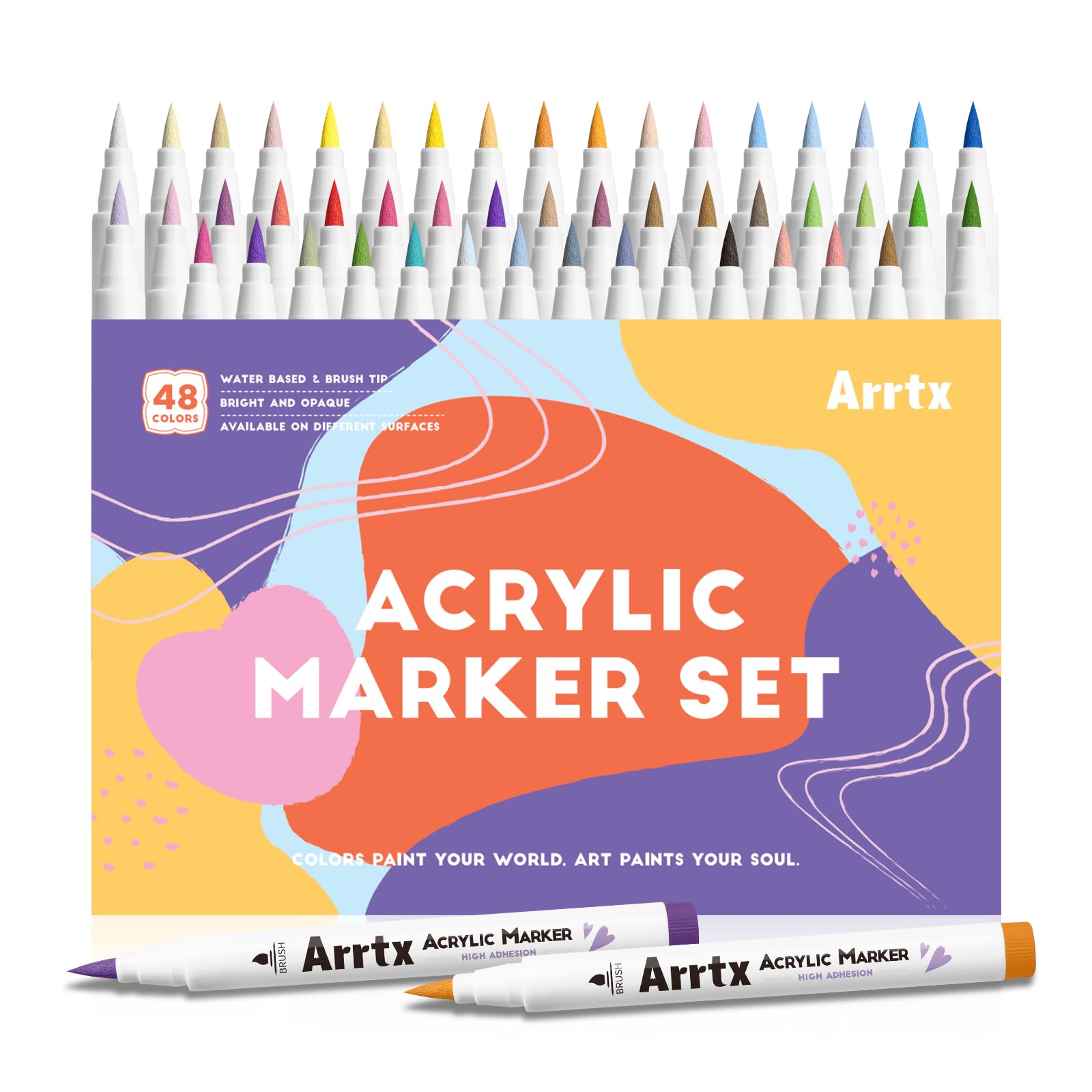 Acrylic Markers 48 Colors, Brush Tip Acrylic Paint Pens for Rock Painting, Glass, Stone, Wood, Ceramic, Fabric, DIY Crafts, Art Supplies, Gift Package
