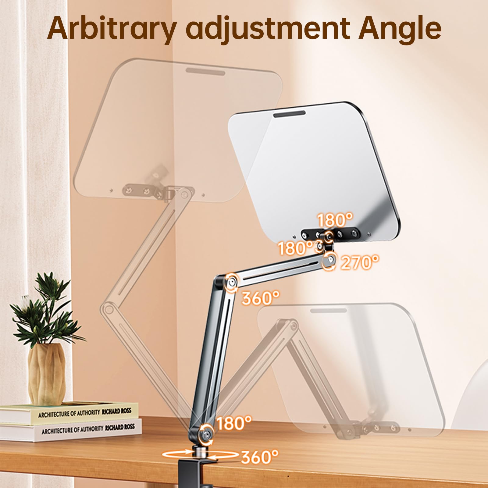 Verstellbarer Desktop-Buchständer Zum Lesen mit Auslegerarm, 360° Drehbar und Faltbar, Aluminium-Kunststoff-Platte, Geeignet für 14-17,3 Zoll Ereader-Lehrbücher, Silber