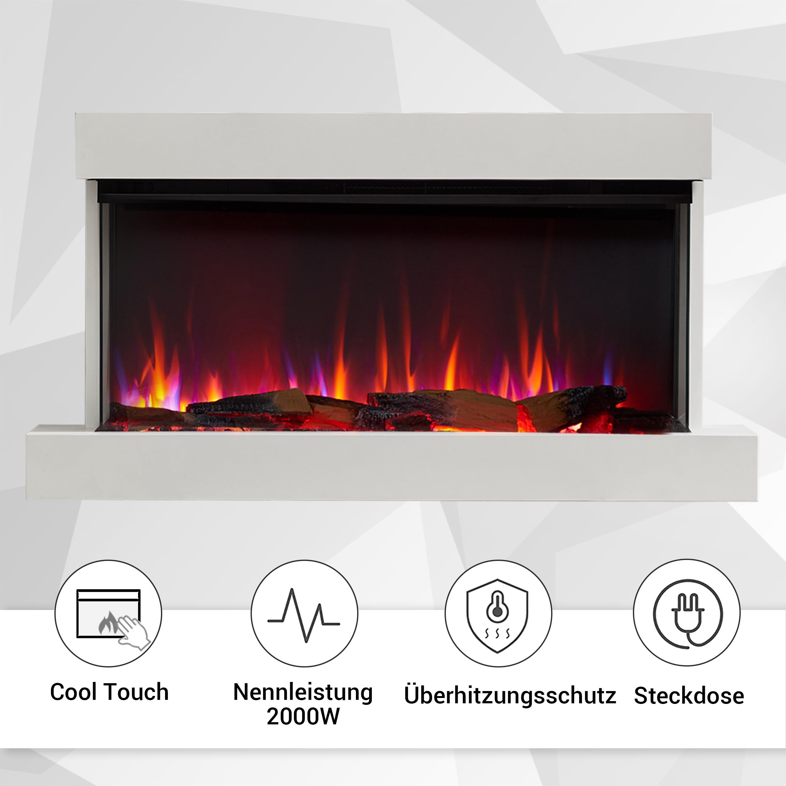 BALDERIA Achilles L - Chimenea eléctrica de Pared - Blanco | Calefacción 1500W, iluminación LED, WiFi, control por App, sonido de crepitación, mando a distancia
