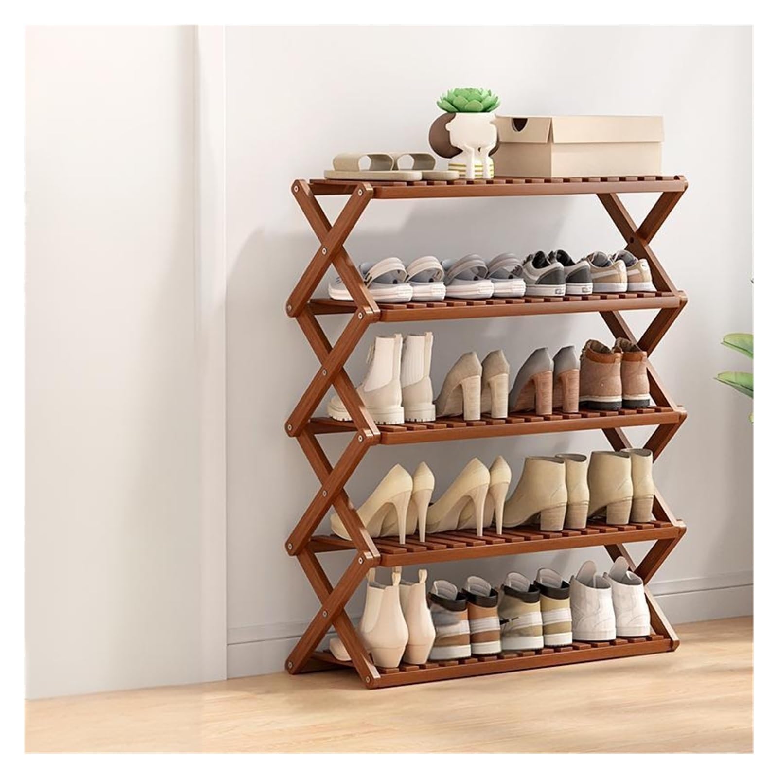 Schuhregal aus natürlichem Bambus, faltbar und platzsparend (5 Etagen, 70 cm), keine Montage erforderlich, perfekt für Eingangsbereich und Camping, stilvolles braunes Design
