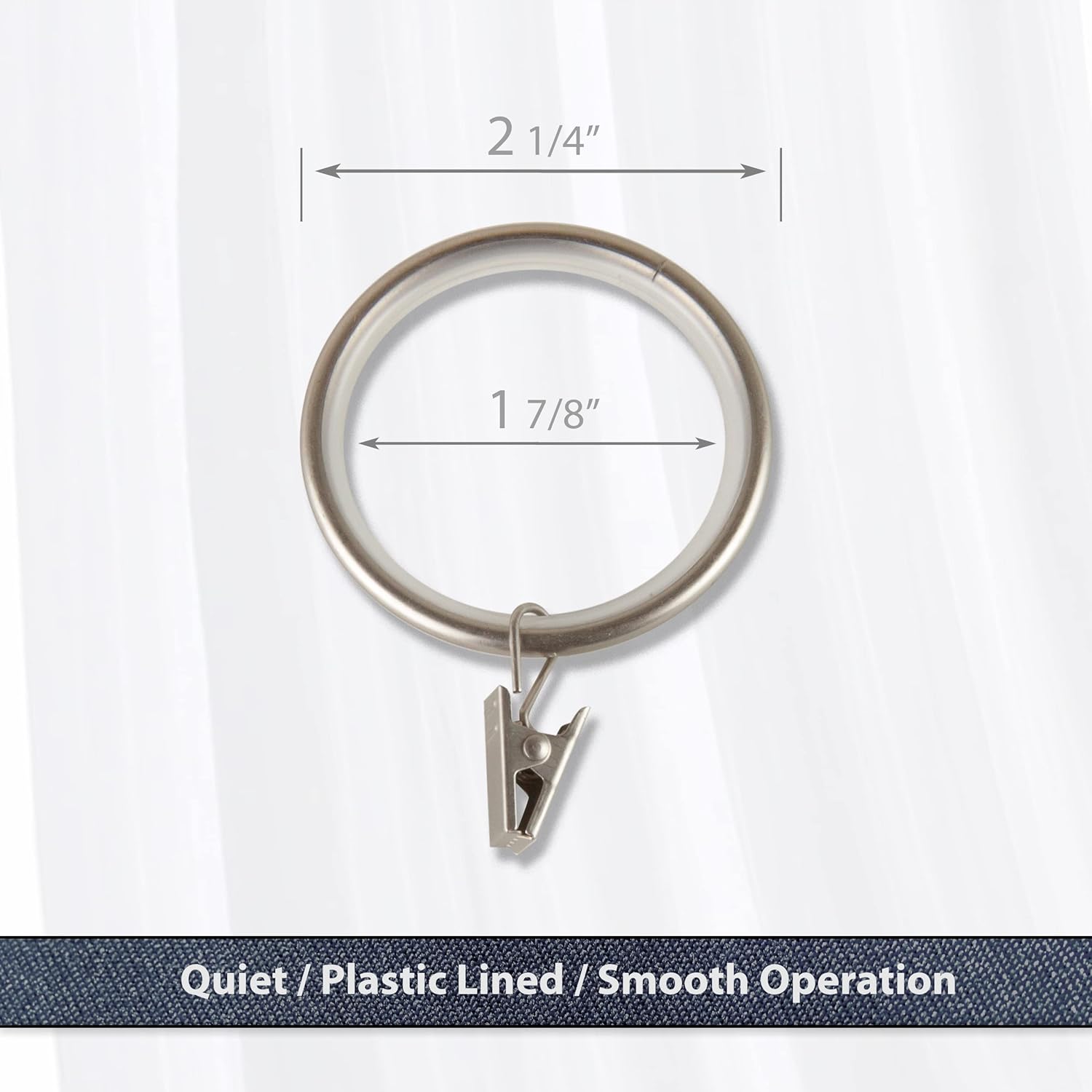 1-7/8 inch Noise-Canceling Curtain Rings w/Clip (Set of 10) - Antique Brass