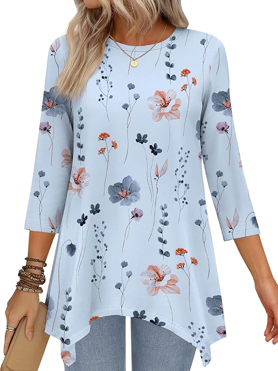 JUSTFASHIONNOW 3/4 Length Sleeve Tunic Tops for Women Loose Fit Dressy Casual Blouses Shirts with Asymmetrical Hem S-3XL