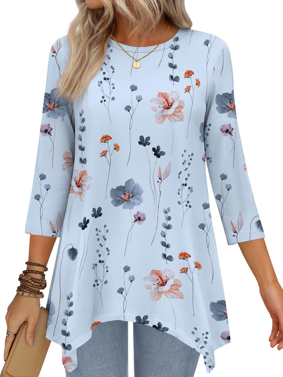 3/4 Length Sleeve Tunic Tops for Women Loose Fit Dressy Casual Blouses Shirts with Asymmetrical Hem S-3XL