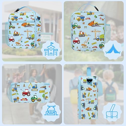 Miniatura 6 de Clastyle Lonchera térmica con excavadora de tractor para niños, color azul, niña, niño, bolsa de almuerzo escolar, bolsa de almuerzo portátil grande
