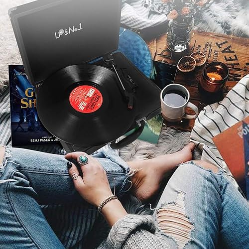Miniatura 2 de LP&No.1 Tocadiscos portátil de maleta con altavoz estéreo, reproductor de discos de vinilo de 3 velocidades con transmisión por correa, negro clásico