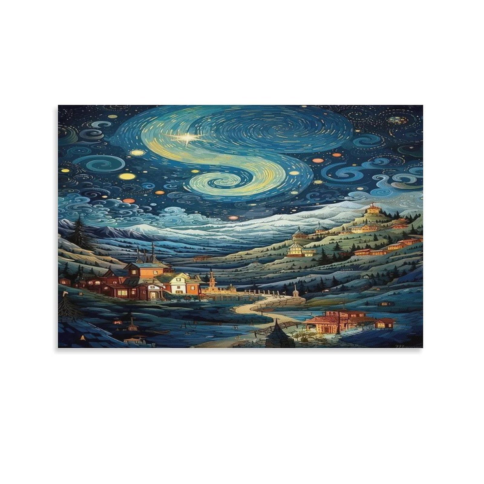 CPLVKWRQJ Starry Night Village by Canal Single Curved Galaxy Above Cozy Mountain Village Framed Canvas Wall Art - Kitchen Removable Wall Art Multi-Purpose Focal Point Decor 20x30inch(50x75cm)
